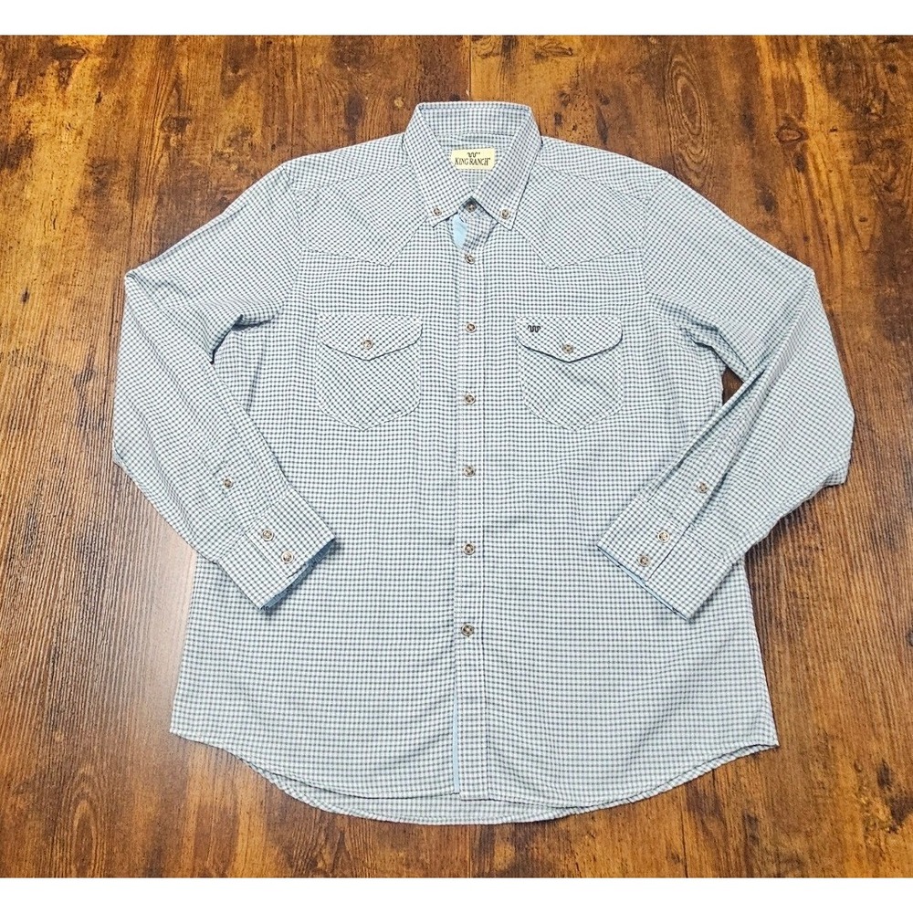 King Ranch Mens XL Blue Green Western Button Down Shirt Cotton